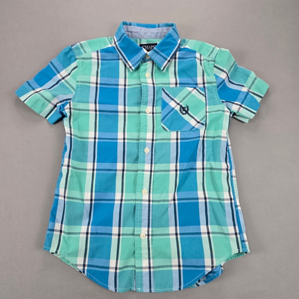 Chaps Preppy Turquoise Mint Plaid Short Sleeve Button Up - Boys 6